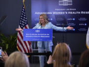 First lady Jill Biden addresses a gathering during a discussion on women&rsquo;s health research, Wednesday, Feb. 21, 2024, in Cambridge, Mass.