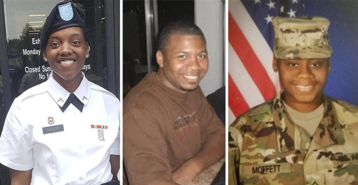 FILE - This combination of photos provided by Shawn Sanders, left, and the U.S. Army, center and right, show from left to right, Sgt. Kennedy Sanders, Staff Sgt. William Jerome Rivers and Sgt. Breonna Alexsondria Moffett. The three U.S. Army Reserve soldiers from Georgia, all of whom received posthumous promotions in rank, were killed by a drone strike on Jan. 28, 2024, on their base in Jordan near the Syrian border. The first funeral service was scheduled Tuesday morning, Feb. 13, for Rivers at a Baptist church in Carrollton, west of Atlanta. (Shawn Sanders and U.S.