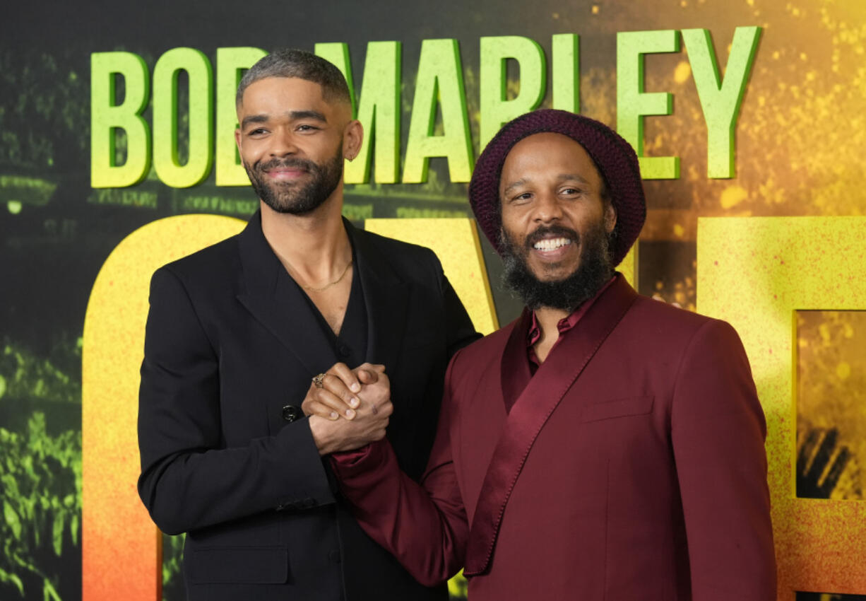 Kingsley Ben-Adir, left, star of &ldquo;Bob Marley: One Love,&rdquo; poses Feb. 6, with Marley&rsquo;s son Ziggy at the premiere of the film in Los Angeles.