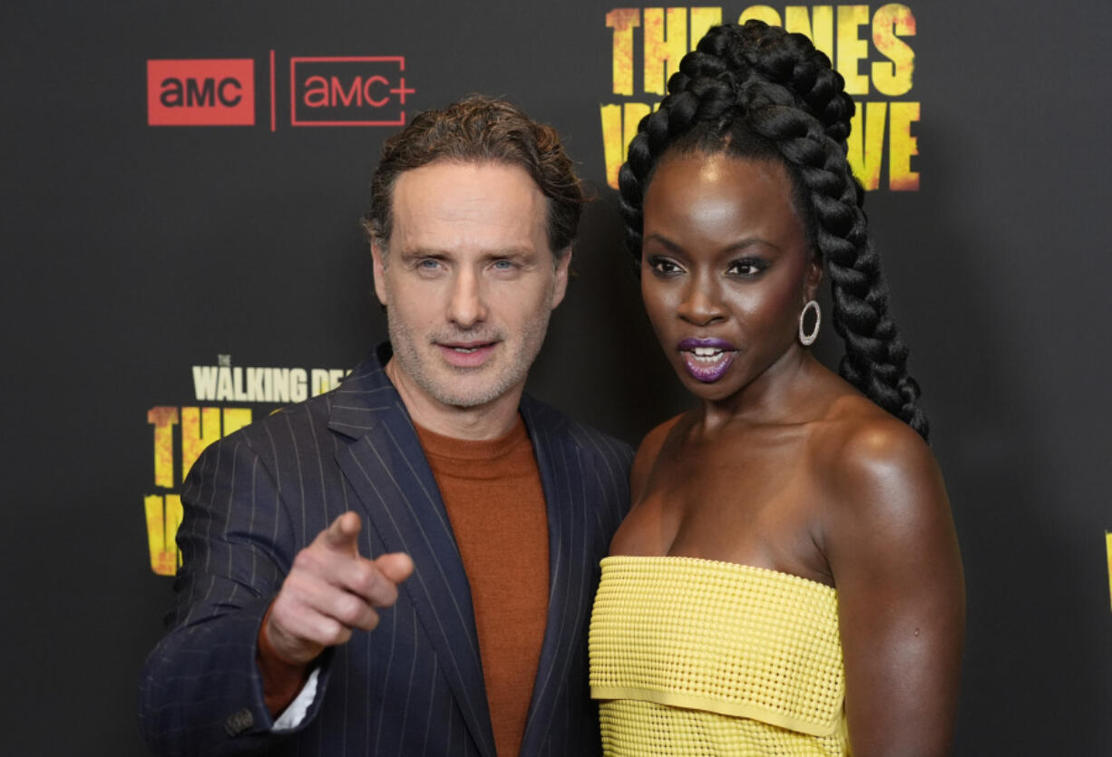 Andrew Lincoln, left, and Danai Gurira, cast members and executive producers of &ldquo;The Walking Dead: The Ones Who Live,&rdquo; pose together Feb. 7 at the premiere of the AMC series in Los Angeles.