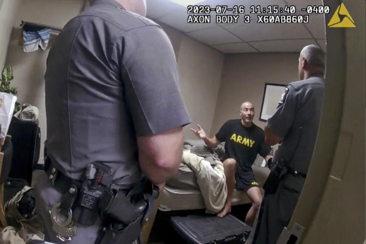 In this image taken from New York State Police body camera video that was obtained by WMTW-TV 8 in Portland, Maine, New York State police interview Army Reservist Robert Card, the man responsible for Maine&rsquo;s deadliest mass shooting, at Camp Smith in Cortlandt, New York on July 16, 2023. Card told state police before being hospitalized that fellow soldiers were worried about him because he was &ldquo;gonna friggin&rsquo; do something,&rdquo; according to police body cam video released under New York&rsquo;s Freedom of Information Law. Card went on to kill 18 people and wounded 13 at a bowling alley and a bar in Lewiston, Maine, leading to the largest manhunt in state history and tens of thousands of people sheltering in their homes. Card&rsquo;s body was found two days later. He had died by suicide.