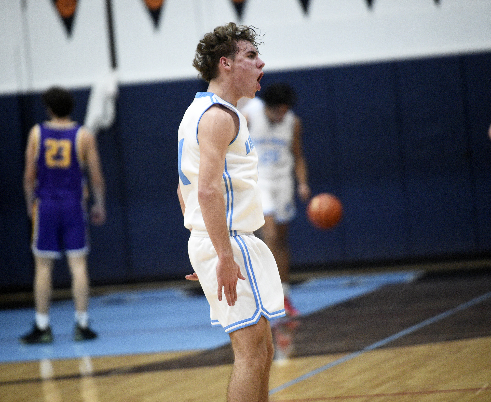 Braydon Olson of Mark Morris celebrates a 3-pointer against Columbia River during a 2A Greater St. Helens League boys basketball game at Mark Morris High School in Longview on Saturday, Feb. 3, 2024.