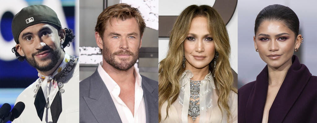 This combination of photos shows, from left, Bad Bunny, Chris Hemsworth, Jennifer Lopez and Zendaya, will join Anna Wintour as co-chairs of this year’s Met Gala.