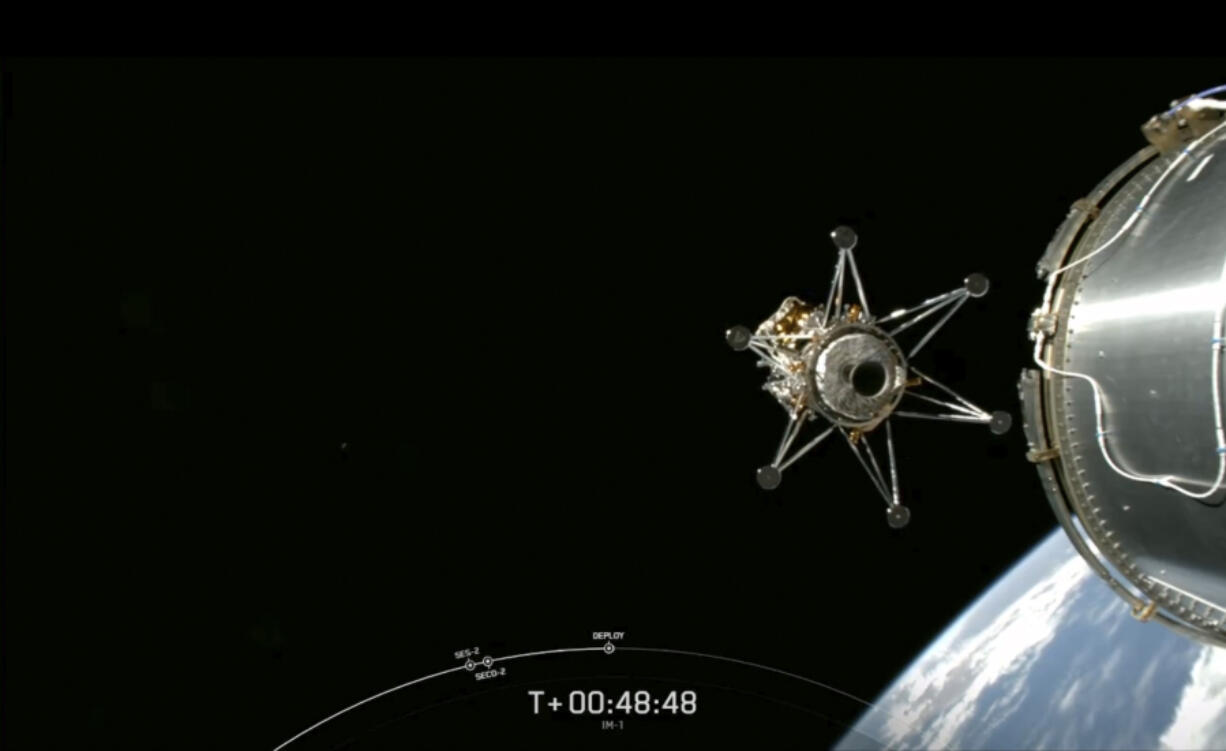 This image from video provided by SpaceX via NASA TV shows Intuitive Machines&rsquo; lunar lander separating from the rocket&rsquo;s upper stage and heading toward the moon, on Feb. 15, 2024.