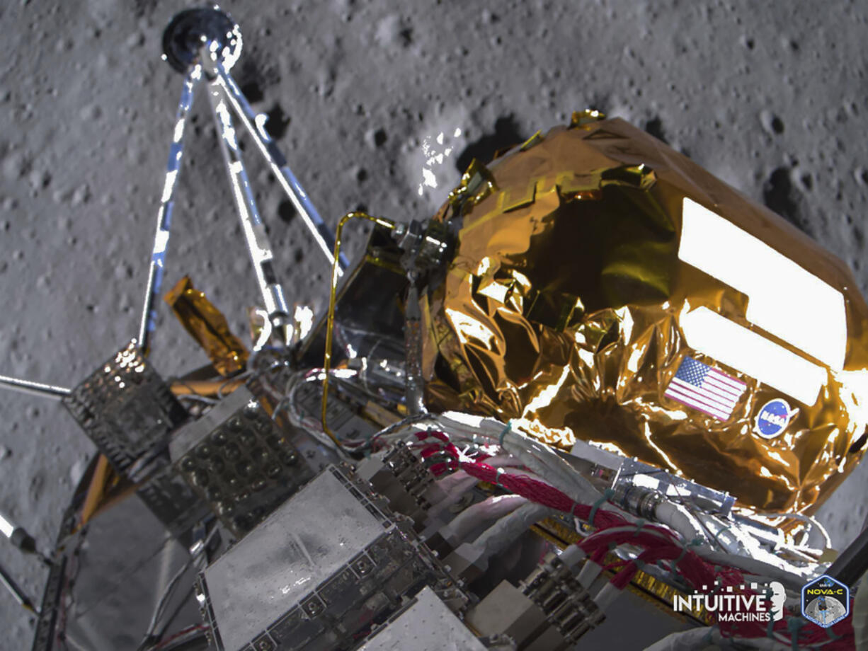 This image provided by Intuitive Machines on Tuesday, Feb. 27, 2024 shows its Odysseus lunar lander over the south pole region of the Moon.  The toppled lunar lander is still beaming back pictures of the moon, as its nears the final hours of its life.   The photos were taken shortly before last Thursday&#039;s touchdown.