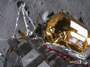 This image provided by Intuitive Machines on Tuesday, Feb. 27, 2024 shows its Odysseus lunar lander over the south pole region of the Moon.  The toppled lunar lander is still beaming back pictures of the moon, as its nears the final hours of its life.   The photos were taken shortly before last Thursday&#039;s touchdown.