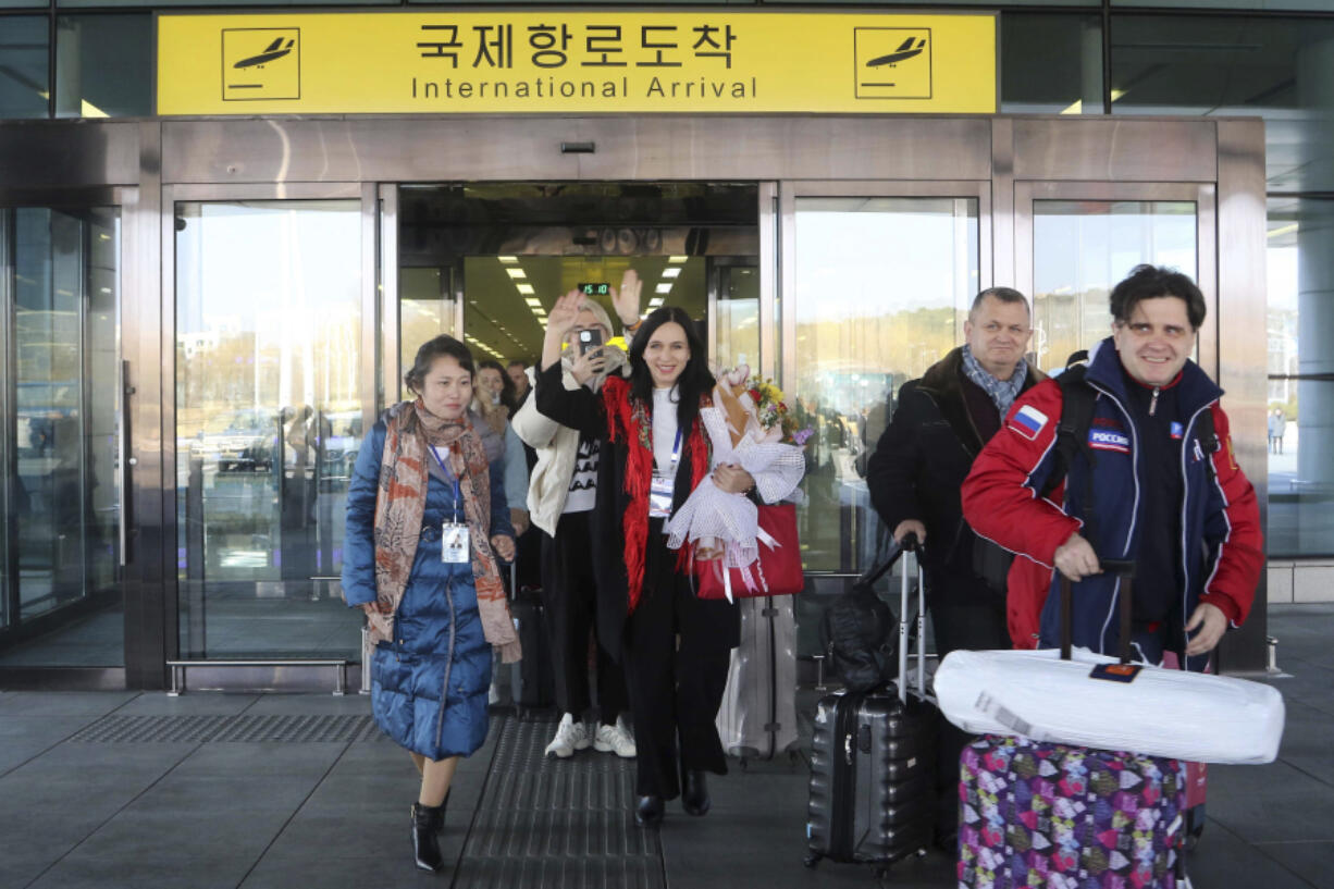 A group of Russian tourists, likely the first foreign travelers from any country to enter North Korea since the pandemic arrive at the Pyongyang International Airport in Pyongyang, North Korea, Friday, Feb. 9, 2024.