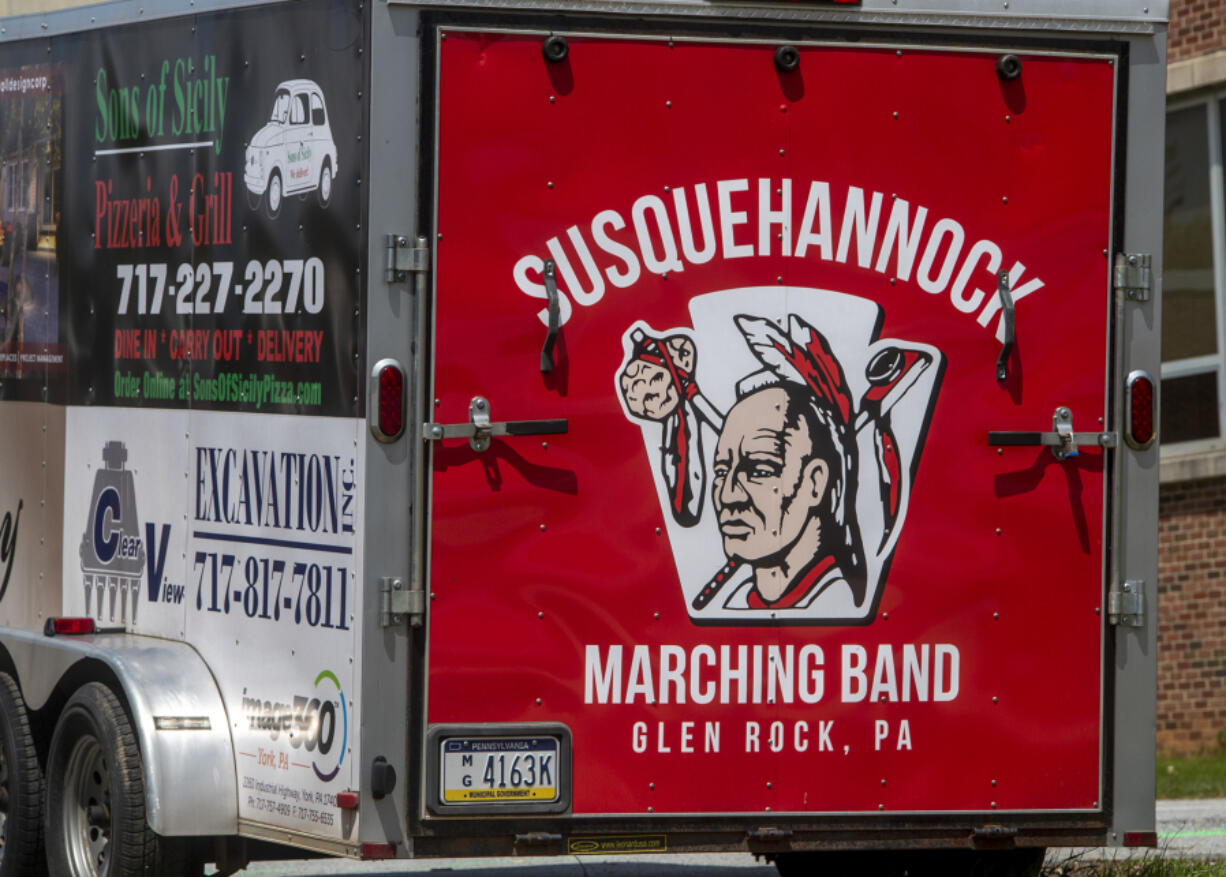 The Susquehannock Warriors logo decorates a trailer April 25, 2021, at Susquehannock High School in Glen Park, Pa. Pennsylvania&rsquo;s Southern York County School District reinstated its mascot in January, joining school districts in Massachusetts and Connecticut that reverted to mascots that many Native Americans have called offensive.