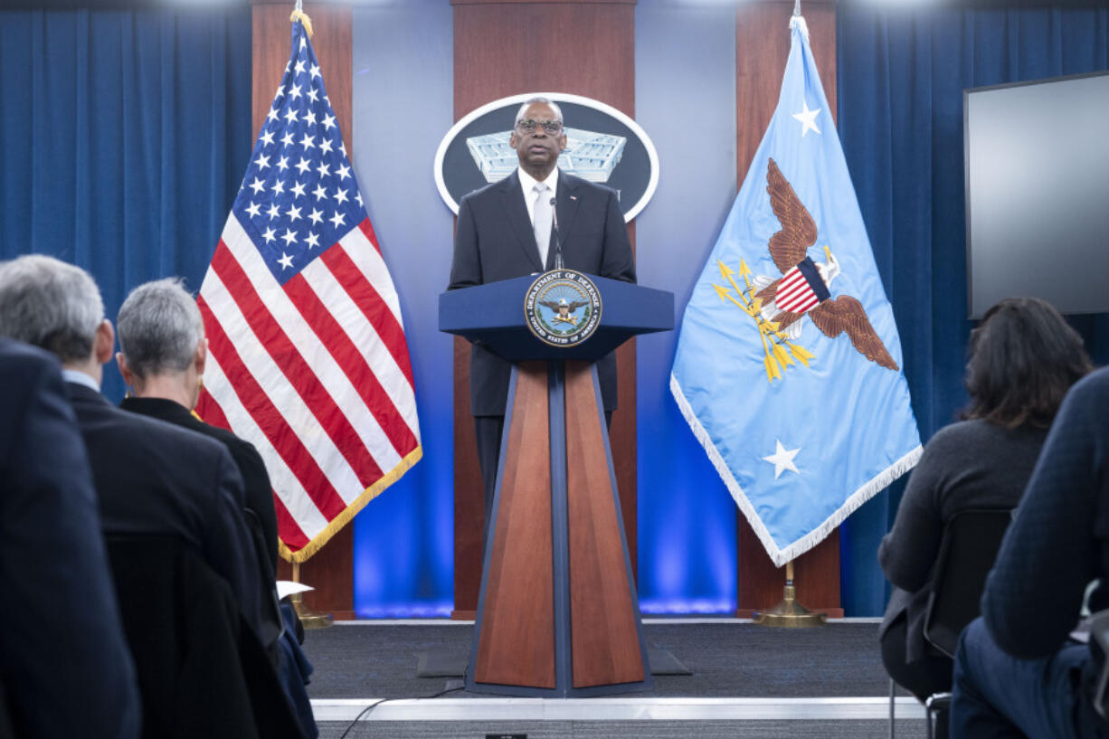 Defense Secretary Lloyd Austin speaks at a Pentagon press briefing at the Pentagon on Thursday, Feb. 1, 2024 in Washington.