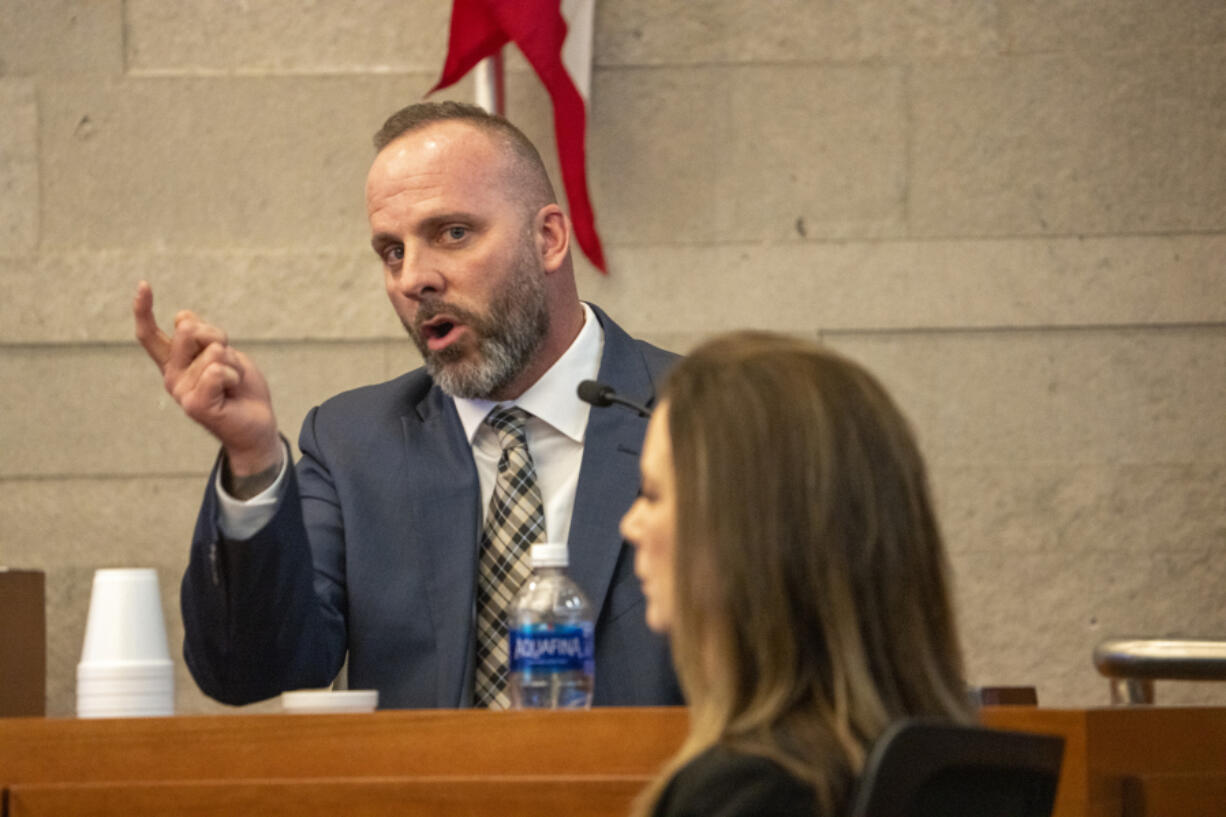 Former Franklin County Sheriff&rsquo;s deputy Jason Meade testifies during his trial at the Franklin County Common Pleas Court, Wednesday, Feb. 7, 2024, in Columbus, Ohio.  Meade is charged with murder and reckless homicide in the December 2020 killing of Casey Goodson Jr.