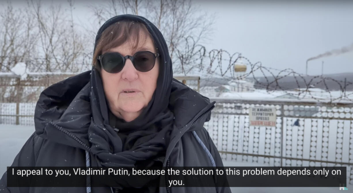 In this grab taken from video provided by the Navalny Team on Tuesday. Feb. 20, 2024, Russian Opposition Leader Alexei Navalny&rsquo;s mother Lyudmila Navalnaya speaks, near the prison colony in the town of Kharp, Russia. The mother of Russian opposition leader Alexei Navalny appealed to President Vladimir Putin to intervene and turn her son&rsquo;s body over to her so she can bury him with dignity. Lyudmila Navalnaya, who has been trying to get his body since Saturday, appeared in a video outside the Arctic penal colony where Navalny died on Friday.