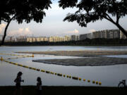 People pass a floating solar panel farm on the Bedok Reservoir in Singapore on July 16.
