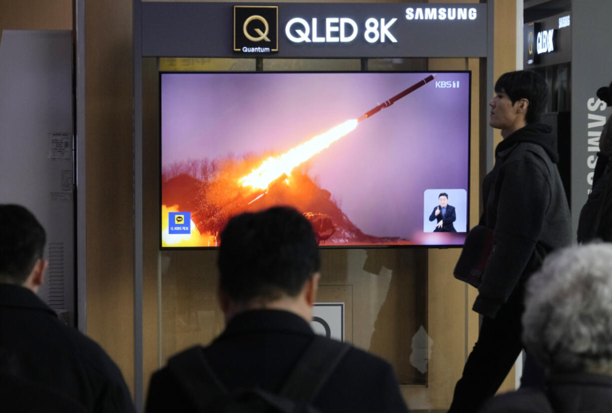A TV screen shows a file image of North Korea&rsquo;s missile launch during a news program at the Seoul Railway Station in Seoul, South Korea, Friday, Feb. 2, 2024. North Korean on Friday extended a provocative run in weapons tests by firing cruise missiles into the sea, as leader Kim Jong Un called for his military to step up war preparations while touring a shipyard.