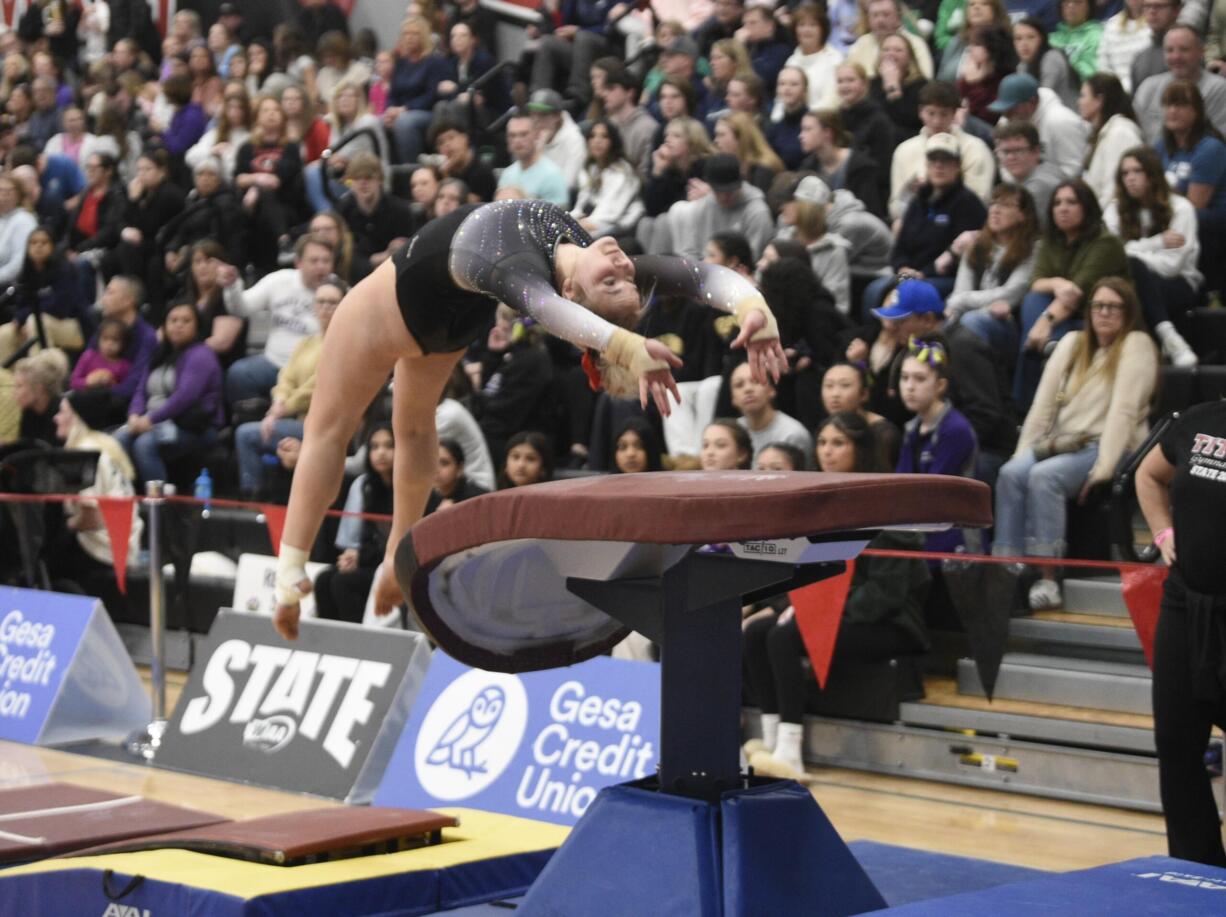 Ella Bettineski of Union gymnastics competes in the vault in the Class 4A team competition of the state gymnastics championships on Thursday, Feb. 22, 2024 at Sammamish High School in Bellevue.