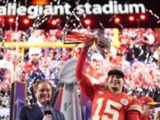 Kansas City Chiefs quarterback Patrick Mahomes holds the Vince Lombardi Trophy after the NFL Super Bowl 58 football game against the San Francisco 49ers Sunday, Feb. 11, 2024, in Las Vegas. The Kansas City Chiefs won 25-22 against the San Francisco 49ers.