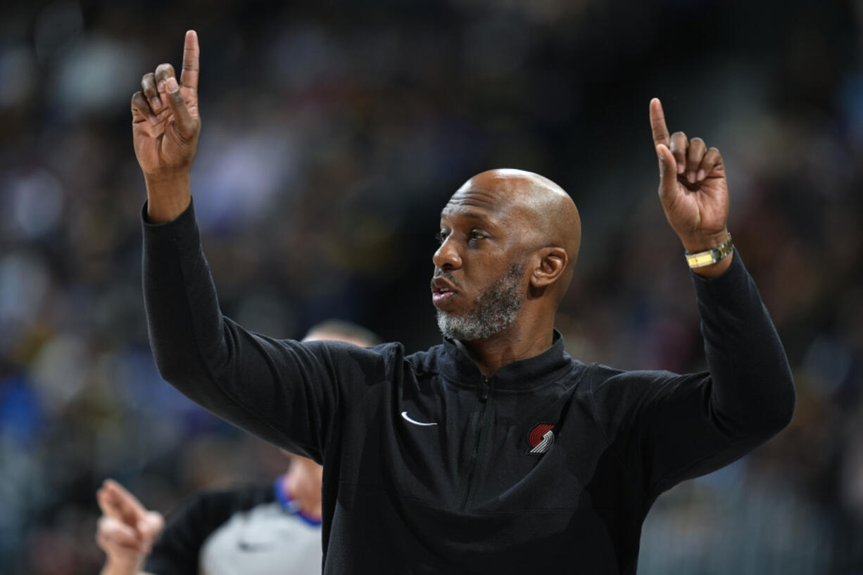 Portland Trail Blazers head coach Chauncey Billups directs his team against the Denver Nuggets in the first half of an NBA basketball game Sunday, Feb. 4, 2024, in Denver.