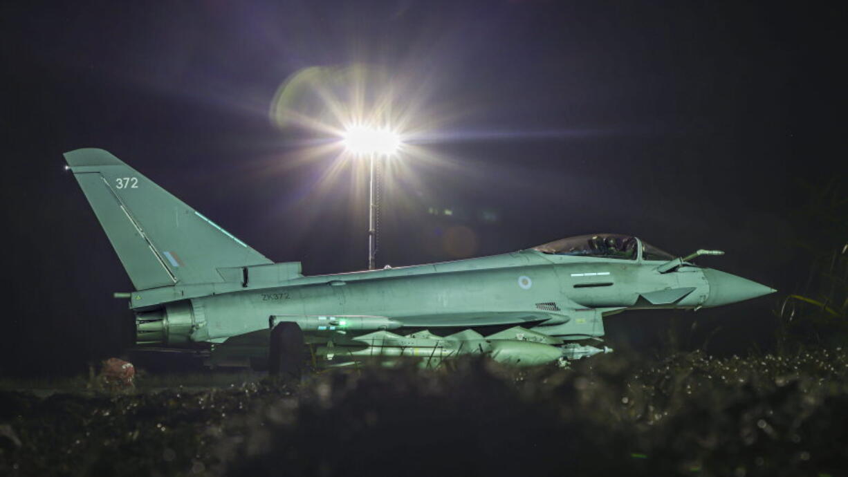 This photo issued by the Ministry of Defence (MOD) on Sunday, Feb. 4, 2024 shows a RAF Typhoon FGR4 aircraft returning to the base, following strikes against Houthi targets in Yemen. The U.S. and Britain struck 36 Houthi sites in Yemen in a second wave of assaults meant to further disable Iran-backed groups that have relentlessly attacked American and international interests in the wake of the Israel-Hamas war. In addition to the strikes on Saturday, U.S. Central Command says it conducted an additional &ldquo;self-defense&rdquo; strike on Sunday against a Houthi anti-ship cruise missile.