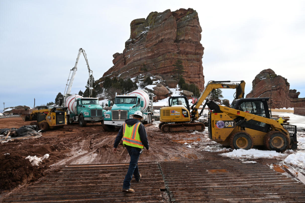Construction workers at the upper parking lot at Red Rocks Park and Amphitheatre on Feb. 6 in Morrison, Colo. (Helen H.