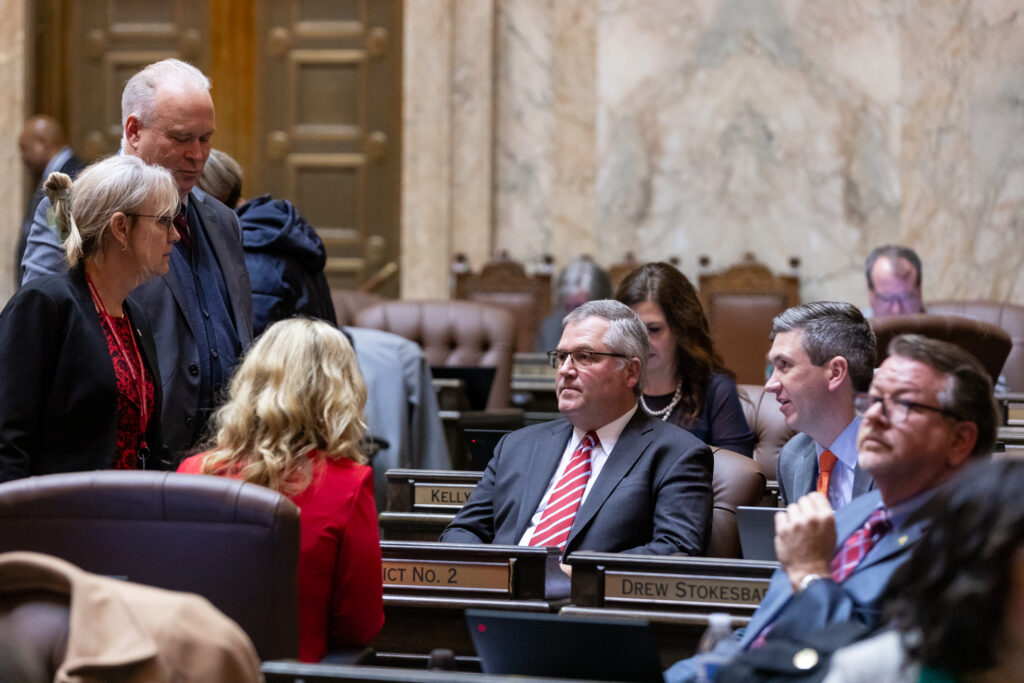 State Rep. J.T. Wilcox, R-Yelm, seen here as the House of Representatives convenes for floor debate, Jan. 22, 2024. Wilcox, who has been elected to seven terms in the 2nd Legislative District, said he would not seek reelection in 2024.
