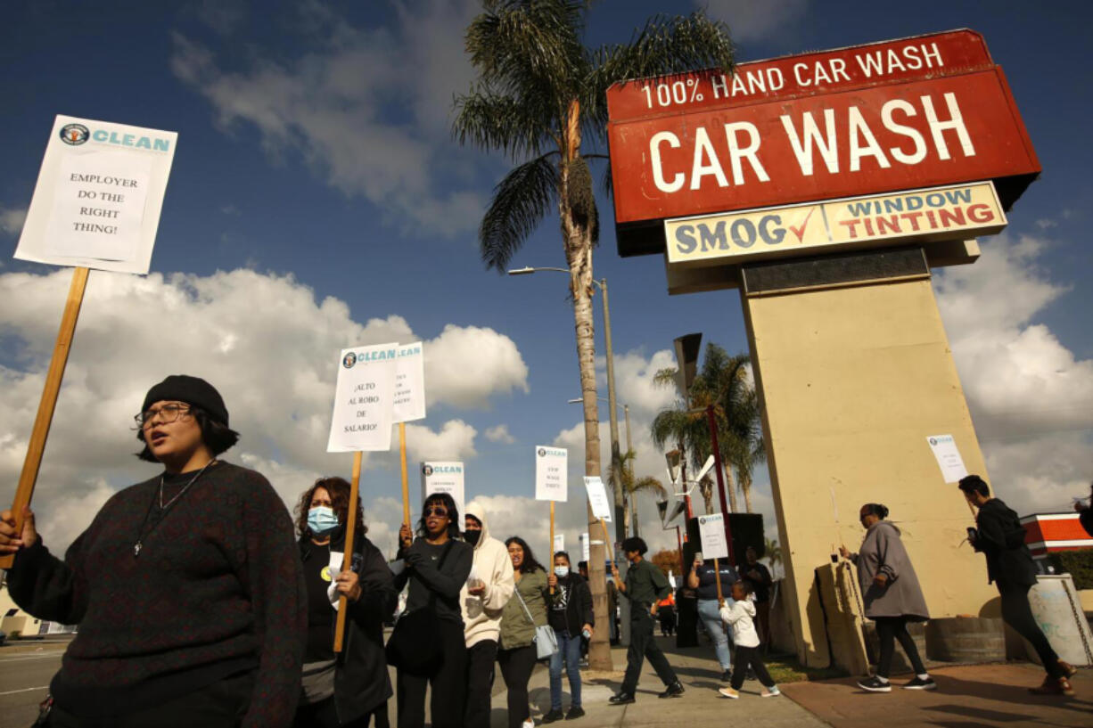 CLEAN Carwash workers, labor organizations, local clergy and city officials rally outside of Shine N Brite Car Wash to protest the owner Michael Zarabis&rsquo; treatment of his employees in Inglewood, California, on Nov. 29, 2022.