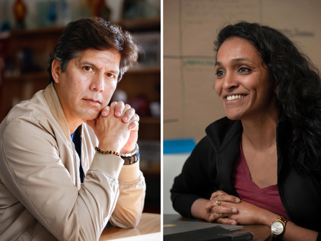 LEFT: Los Angeles City Councilman Kevin De Leon is photographed at his office in Eagle Rock on Thursday, Sept. 28, 2023. (Christina House/Los Angeles Times/TNS) ; RIGHT: Los Angeles City Council member Nithya Raman, photographed inside her campaign headquarters on 3rd St. in Los Angeles on Jan. 10, 2020.