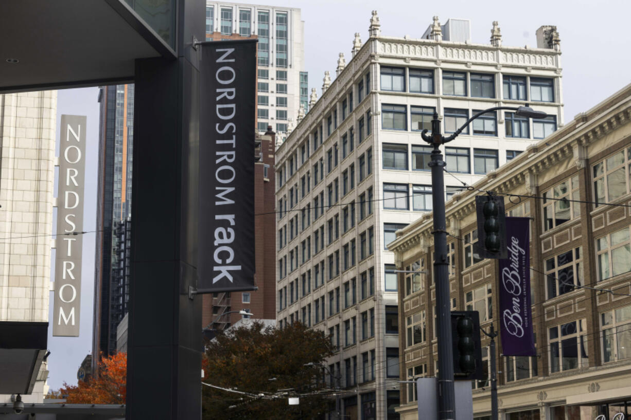 Nordstrom and Nordstrom Rack banners in downtown Seattle on Nov. 9, 2023.