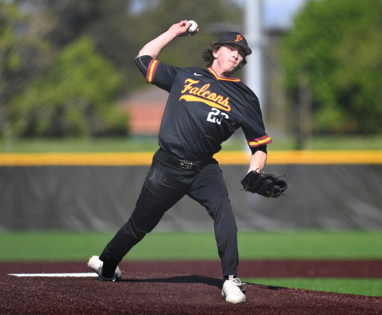 Prairie senior Brady Trombello pitches Tuesday, May 9, 2023, during the Falcons&iacute; 12-4 loss to Gig Harbor in a 3A bi-district playoff game at the Evergreen Athletic Annex.