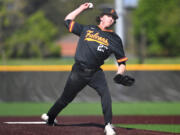 Prairie senior Brady Trombello pitches Tuesday, May 9, 2023, during the Falcons&iacute; 12-4 loss to Gig Harbor in a 3A bi-district playoff game at the Evergreen Athletic Annex.