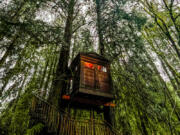 Treehouse Point, a collection of seven rentable treehouses, is neighbored by the Raging River about 30 minutes east of Seattle. This treehouse is known as Bonbibi.