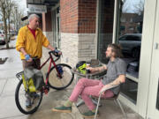 Washougal City Council member David Fritz, left, talks to Washougal Coffee Company employee Kevin Credelle. Fritz would like to see more bicycle-friendly infrastructure built in Washougal to help bicyclists have safe options for riding to local businesses, parks, the Port of Camas-Washougal and the nearby city of Camas.