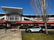 A Camas Police Department vehicle sits in front of Camas High School.