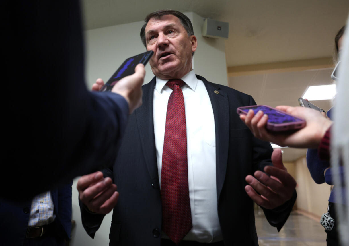 U.S. Sen. Mike Rounds (R-SD) speaks to reporters before a Senate luncheon on Dec. 12, 2023, in Washington, D.C.