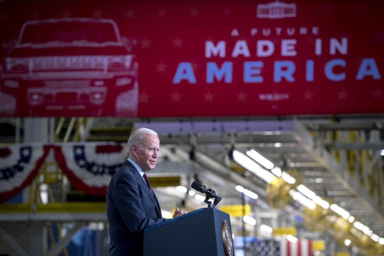 U.S. President Joe Biden speaks at the General Motors Factory ZERO electric vehicle assembly plant on Nov. 17, 2021, in Detroit, Michigan.