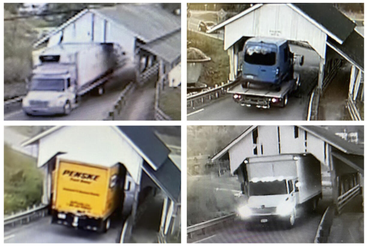 This selection of undated still frames from security video camera footage provided by Michael Grant shows a variety of oversized box trucks crashing through the historic Miller&rsquo;s Run covered bridge in Lyndon, Vt. Over the years, truck drivers have failed to notice the height warning signs leading to the bridge.