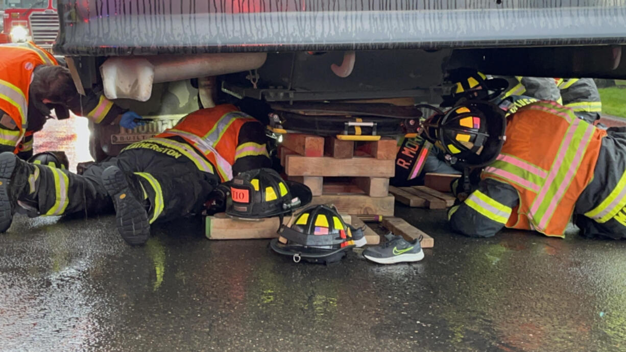 A nine-year-old boy was transported a Portland hospital with non-life-threatening injuries after colliding with an Evergreen Public Schools bus early Tuesday morning. Vancouver Fire crews used wooden blocks to suspend the bus off the ground Tuesday morning to extract a child who had been trapped underneath.