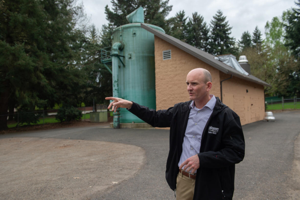 Tyler Clary, Vancouver water engineering program manager, discusses PFAS contamination in the Vancouver water supply at the 78th Street pumping facility in January.
