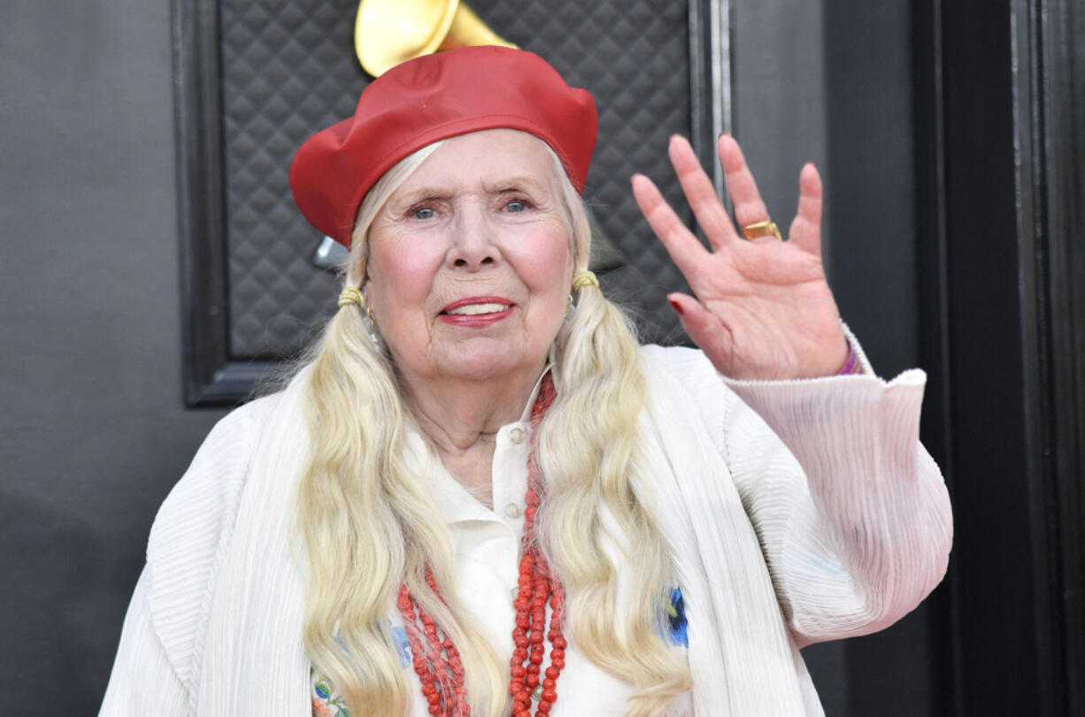 Canadian singer-songwriter Joni Mitchell arrives April 3, 2022, for the 64th Annual Grammy Awards at the MGM Grand Garden Arena in Las Vegas.