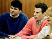 Double murder defendants Erik, right, and Lyle Menendez during a court appearance in 1992 in Los Angeles.