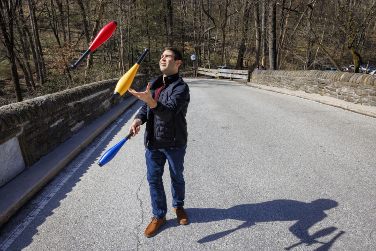 Julian Plotnick of Philadelphia&rsquo;s Roxborough neighborhood is an employee of Metropolitan Acoustics. He is on a four-day work week and during his extra day off he practices his juggling. (Alejandro A.