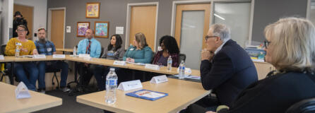Gov. Jay Inslee, second from right, and his wife, Trudi, meet with local teachers, parents, administrators and staff to talk about special education challenges at Ogden Elementary School on Feb. 9.