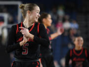 Camas senior Parker Mairs (5) celebrates after making a shot Saturday, March 2, 2024, during the Papermakers’ 57-41 win against Gonzaga Prep in the 4A WIAA State Basketball championship game at the Tacoma Dome.