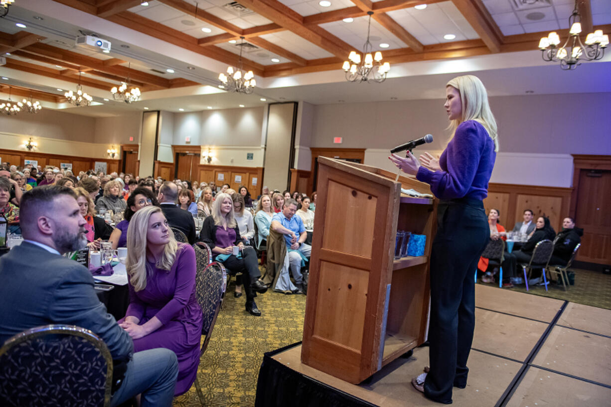 Kidnapping survivor Elizabeth Smart, right, speaks to a packed crowd at the Heathman Lodge in Vancouver during the National Women&rsquo;s Coalition Against Violence and Exploitation&rsquo;s Java for Justice Brunch on Friday morning. Friday was International Women&rsquo;s Day.