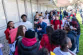 Vancouver Public Schools superintendent Jeff Snell, center, talks to Fort Vancouver High School students on Tuesday during the students&rsquo; walk-out to protest the district&rsquo;s cuts to 262 staff positions next year.