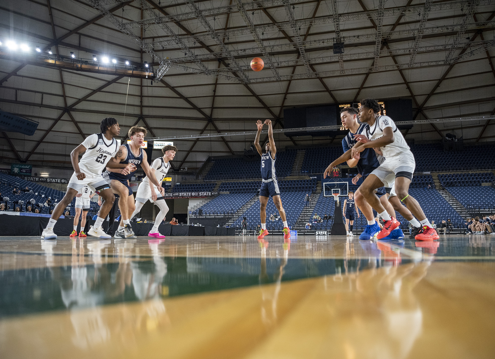 Skyview senior Demaree Collins, center, shoots a free throw Saturday, March 2, 2024, during the Storm’s 69-47 loss to Kentwood in a WIAA State Basketball consolation game at the Tacoma Dome. Skyview placed sixth at the tournament, matching the team’s highest ever finish from 2018.