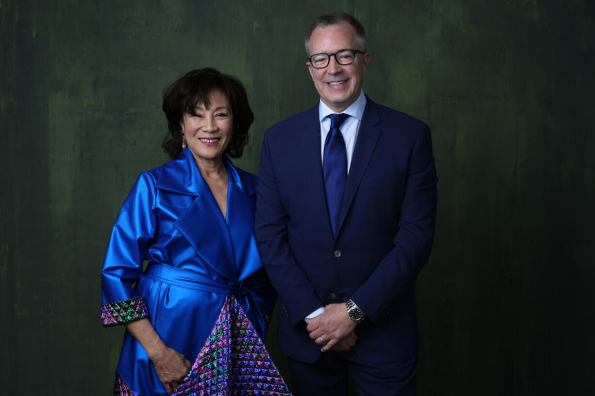 President of the Academy of Motion Picture Arts and Sciences Janet Yang, left, and CEO of the Academy of Motion Picture Arts and Sciences Bill Kramer poses for a portrait during the 96th Academy Awards Oscar nominees luncheon on Monday, Feb. 12, 2024, at the Beverly Hilton Hotel in Beverly Hills, Calif.