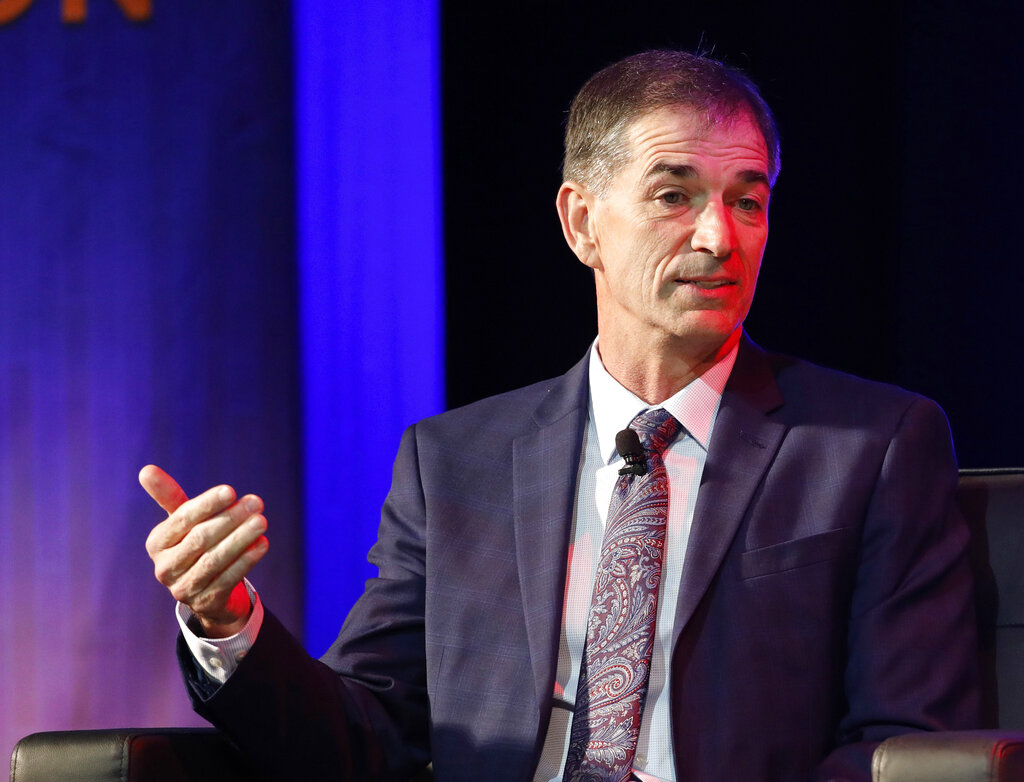 FILE - Former Gonzaga player John Stockton talks about his career during a National Collegiate Basketball Hall of Fame induction event, Sunday, Nov. 19, 2017, in Kansas City, Mo. Gonzaga has suspended Stockton’s basketball season tickets after the Hall of Fame point guard refused to comply with the university's mask mandate. Stockton, one of Gonzaga's most prominent alums, confirmed the move in a Saturday, Jan. 22, 2022, interview with The Spokesman-Review. (AP Photo/Colin E.