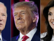 In this combination of photos, President Joe Biden speaks on Aug. 10, 2023, in Salt Lake City, left, and former President Donald Trump speaks on July 8, 2023, in Las Vegas, center, and Republican presidential candidate former UN Ambassador Nikki Haley, speaks on Feb. 18, 2024, in Columbia, S.C., right.