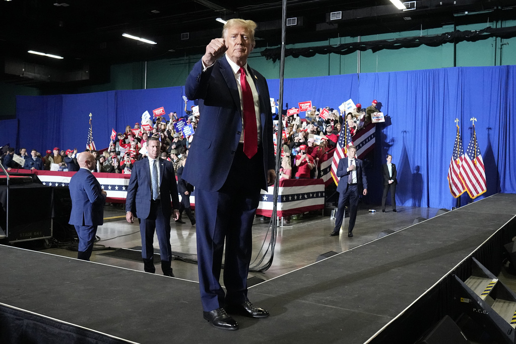 Republican presidential candidate former President Donald Trump gestures at a campaign rally Saturday, March 2, 2024, in Greensboro, N.C.