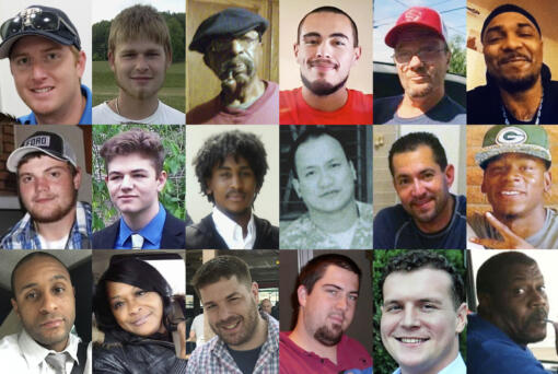 This combination of photos shows, top row from left, Anthony Timpa, Austin Hunter Turner, Carl Grant, Damien Alvarado, Delbert McNiel and Demetrio Jackson; second row from left, Drew Edwards, Evan Terhune, Giovani Berne, Glenn Ybanez, Ivan Gutzalenko and Mario Clark; bottom row from left, Michael Guillory, Robbin McNeely, Seth Lucas, Steven Bradley Beasley, Taylor Ware and Terrell "Al" Clark. Each died after separate encounters with police in which officers used force that is not supposed to be deadly.