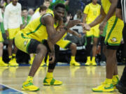 Oregon center N'Faly Dante (1) celebrates after a play against UCLA during the second half of an NCAA college basketball game in the quarterfinal round of the Pac-12 tournament Thursday, March 14, 2024, in Las Vegas.